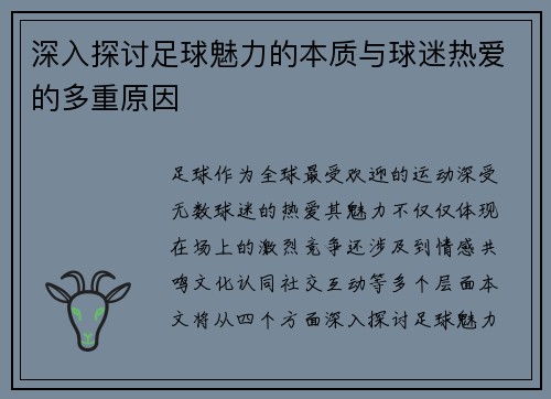 深入探讨足球魅力的本质与球迷热爱的多重原因
